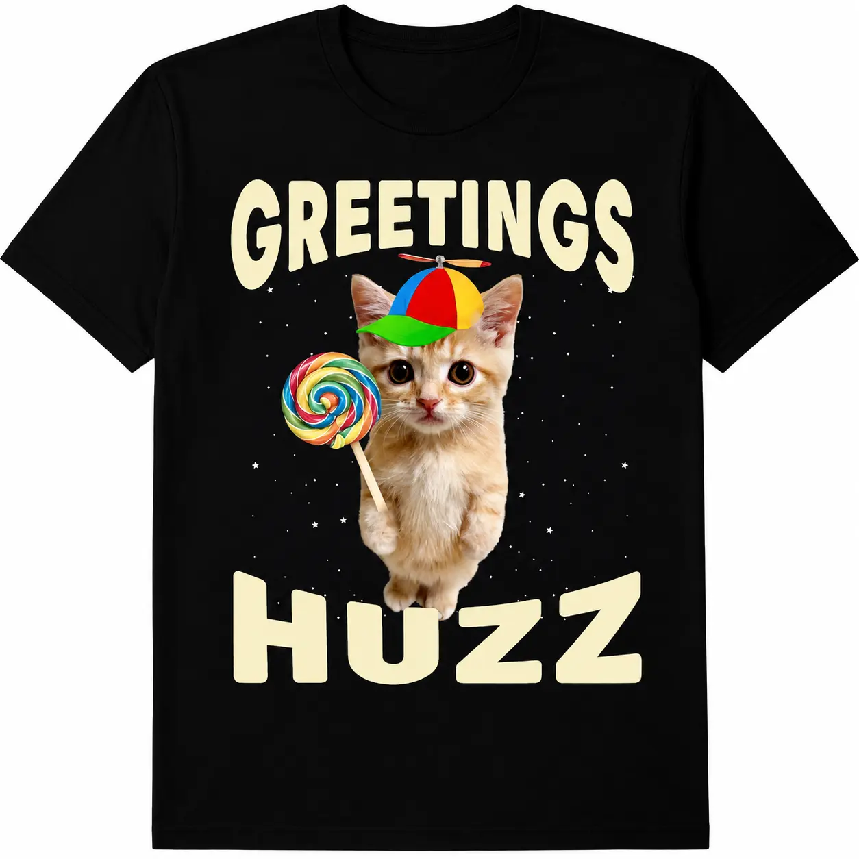 Unisex Greetings Huzz Cat Meme T-Shirt, Funny Casual Streetwear Shortsleeve Top for Men & Women in Loose Fit 100% Cotton, Tshirt, Pure Cotton