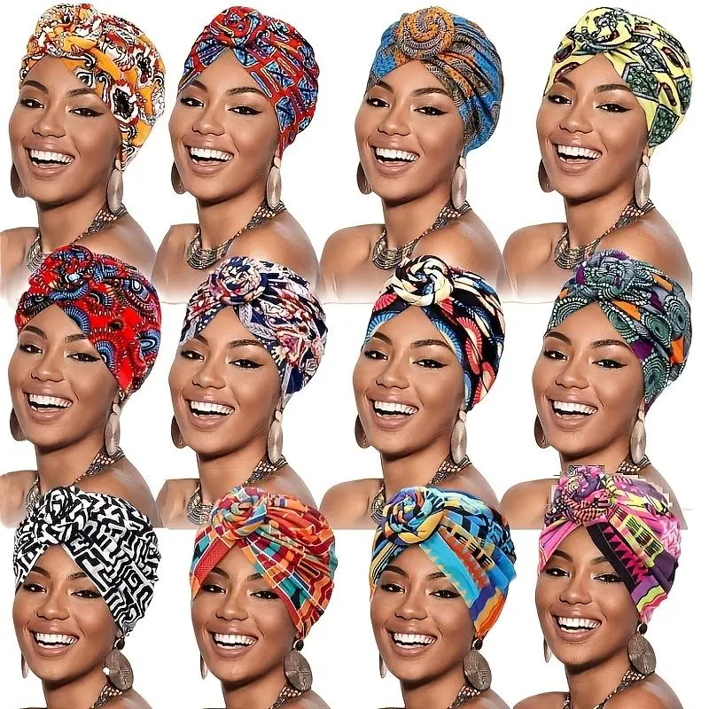 Knot Headwraps for Women Set, Bandana Style African Print Turbans with an Elastic Band for Daily Wear & Gifting, 6Pcs, Casual, Stretchable, Female, Cap Headwraps