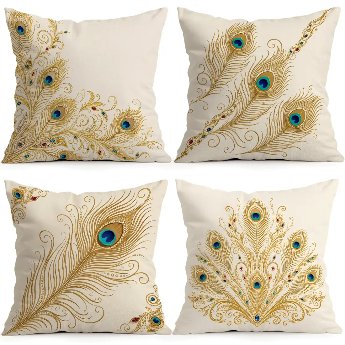 4pcs Peacock Feather Pattern Cushion Covers, Single-Sided Print, Living Room Bedroom Home Decor, All-Season Pillow Cases, No Insert Included