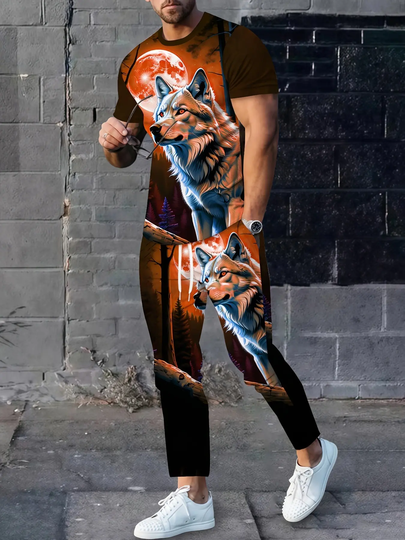Trendy printed short sleeved casual pants set, wild jungle illustration design, men's travel light sports outfit set