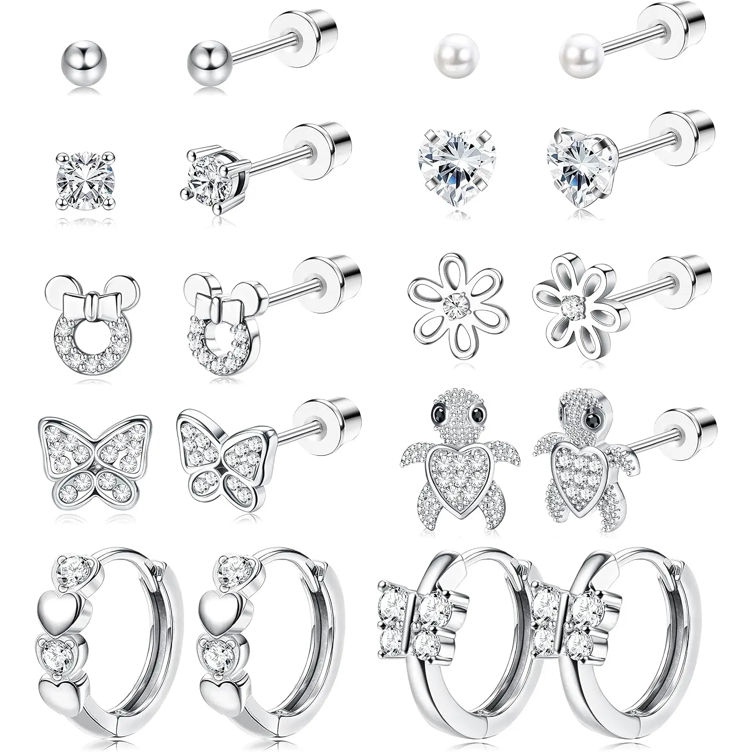10 Pairs Hypoallergenic Screw Back Earrings for Women, 316L Stainless Steel CZ Heart Stud Earrings, Cute Flower & Butterfly Screw Back Earrings Set, 20G