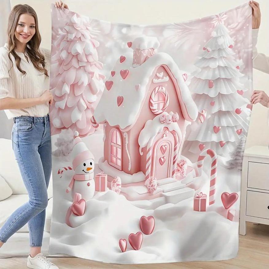 Cozy Pink Christmas Gingerbread House Reversible Flannel Fleece Throw Blanket - Cartoon Snowman Tree Pattern, All-Season Polyester Digital Print, Ideal For Bed/Couch, Decorative Giftable Cartoon Pattern Blanket, Decorative Giftable Blankets