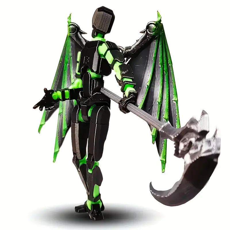 3D Printed Collectible Demon Wings, Articulated Action Figures with Weapons, Suitable for Desktop Decoration And Gift Displays, in Black And Green