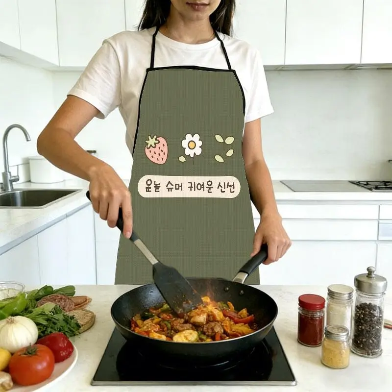 Cute Fresh Summer Themed Apron with Playful Pink Strawberry, White Floral & Little Green Leaf Prints, Light Beige Detail Label Design, Multiple Specifications Available, Ideal for Kitchen Cooking, Baking and Daily Home Household Tasks