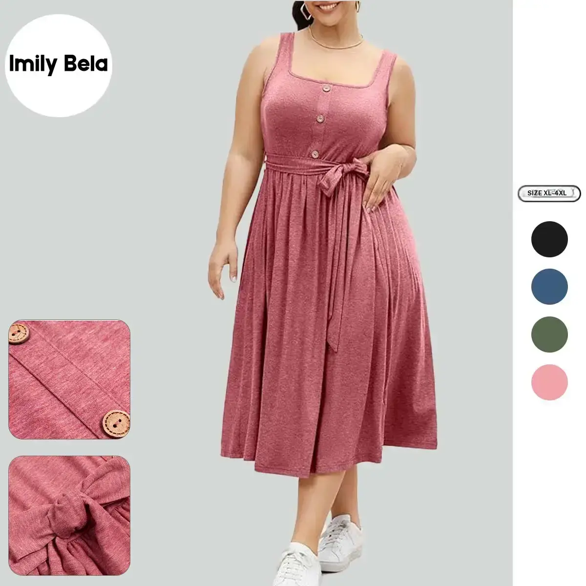 Imily Bela【1XL 4XL】Women's Plus Size Summer Midi Dress Sleeveless A Line Square Neck Pleated Belted Tank Dress