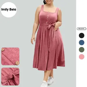 Imily Bela【1XL 4XL】Women's Plus Size Summer Midi Dress Sleeveless A Line Square Neck Pleated Belted Tank Dress