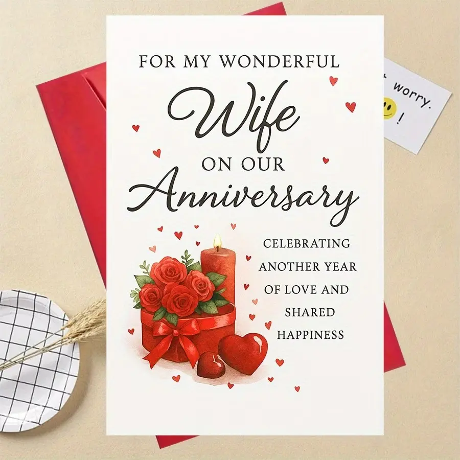 Romantic Wedding Anniversary Card for Wife, Elegant Design with Roses, Candle, Hearts, Perfect for Weddings, Birthdays, Valentine's Day