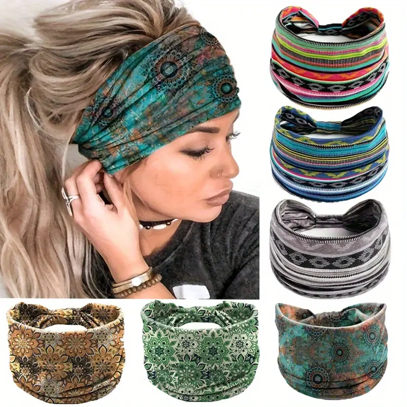 3Pcs/Pack Ladies' Elegant Retro Color Printed Personalized Headband, Bohemian Ethnic Style Mandala Flower Elastic Loose Headband, Suitable for Sports Yoga Fitness Face Wash Headband