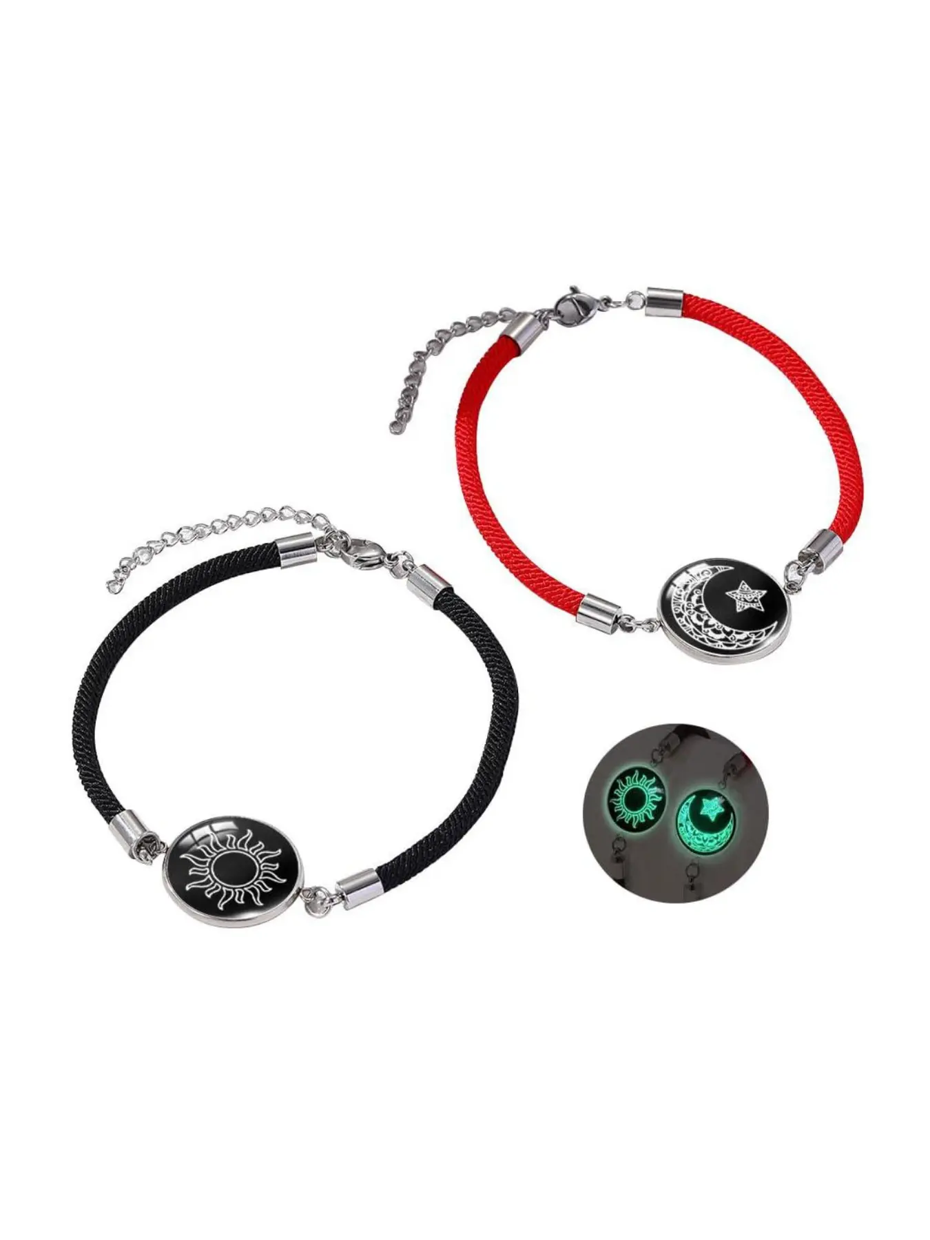Matching Sun & Moon Couple Bracelet Set, Adjustable Woven Rope, Dainty Round Pendant, Friendship Jewelry Gift, Skin Friendly