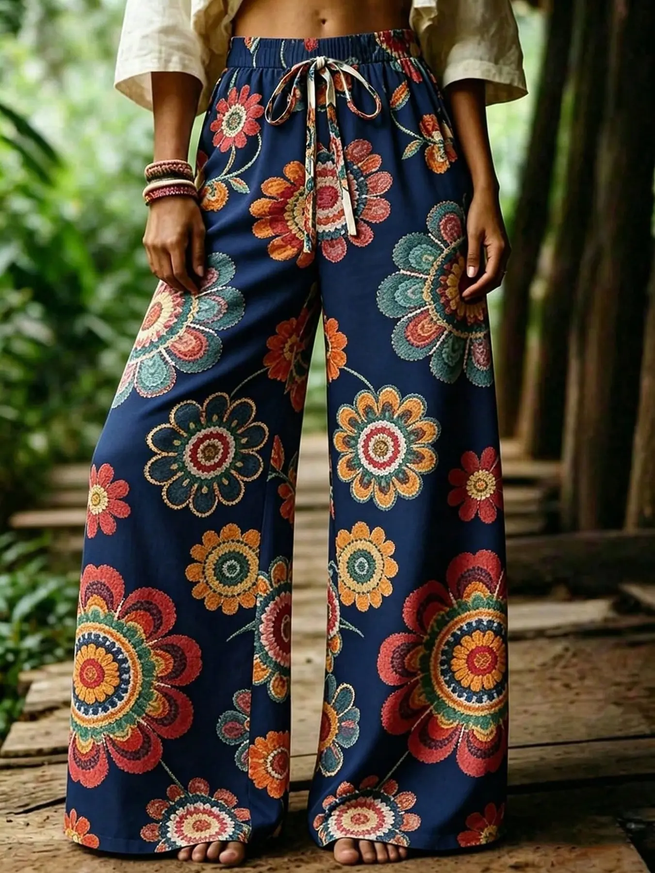 1 Piece Women Boho Bohemian Floral Print Elastic Drawstring Waist Wide Leg Floor Length Casual Vacation Pants