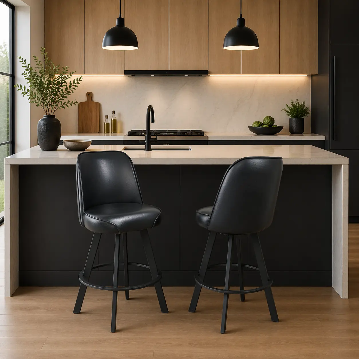 ARCH Set of 2 Commercial Grade Upholstered Swivel Bucket Seat Bar Stools with Metal Frame, Black PU Leather and Memory Foam, Square Seat with Footrest Ring, for Restaurant Cafe Home Kitchen Counter Seating, Easy Clean, Black Color Options