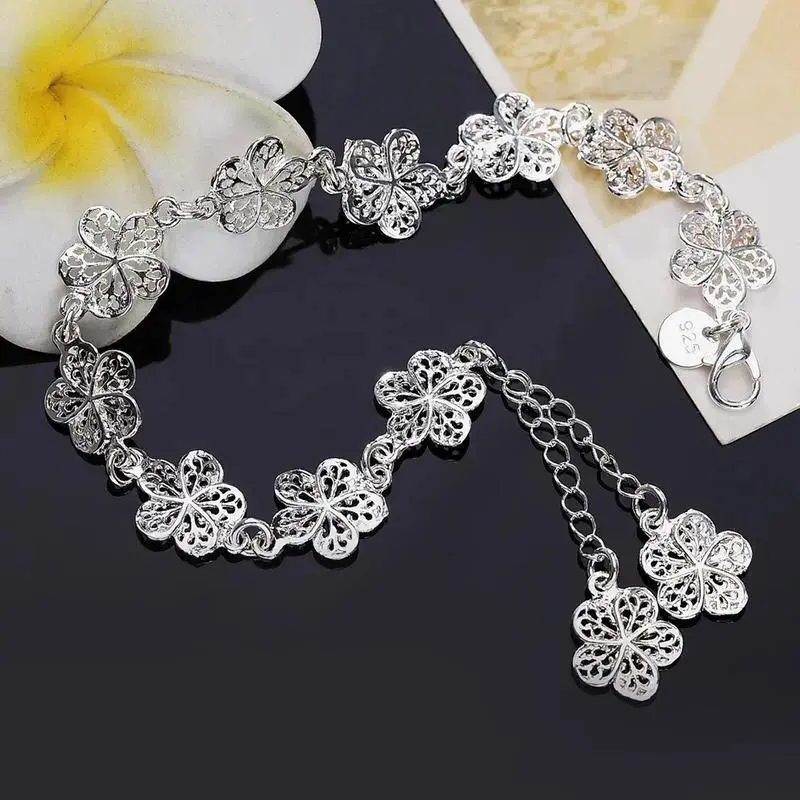 925 Sterling Silver Flower Bracelet Elegant Adjustable Bangle Charm Jewelry for Women Girls Luxury Wedding Bridal Anniversary Gift High Quality Fashion Accessories Wholesale