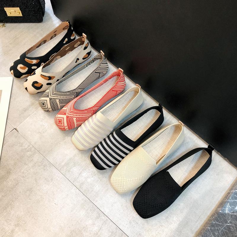 2026 Women's Breathable Knit Slip-On Flats |     Soft Sole Square Toe Boho Print Casual Walking Shoes