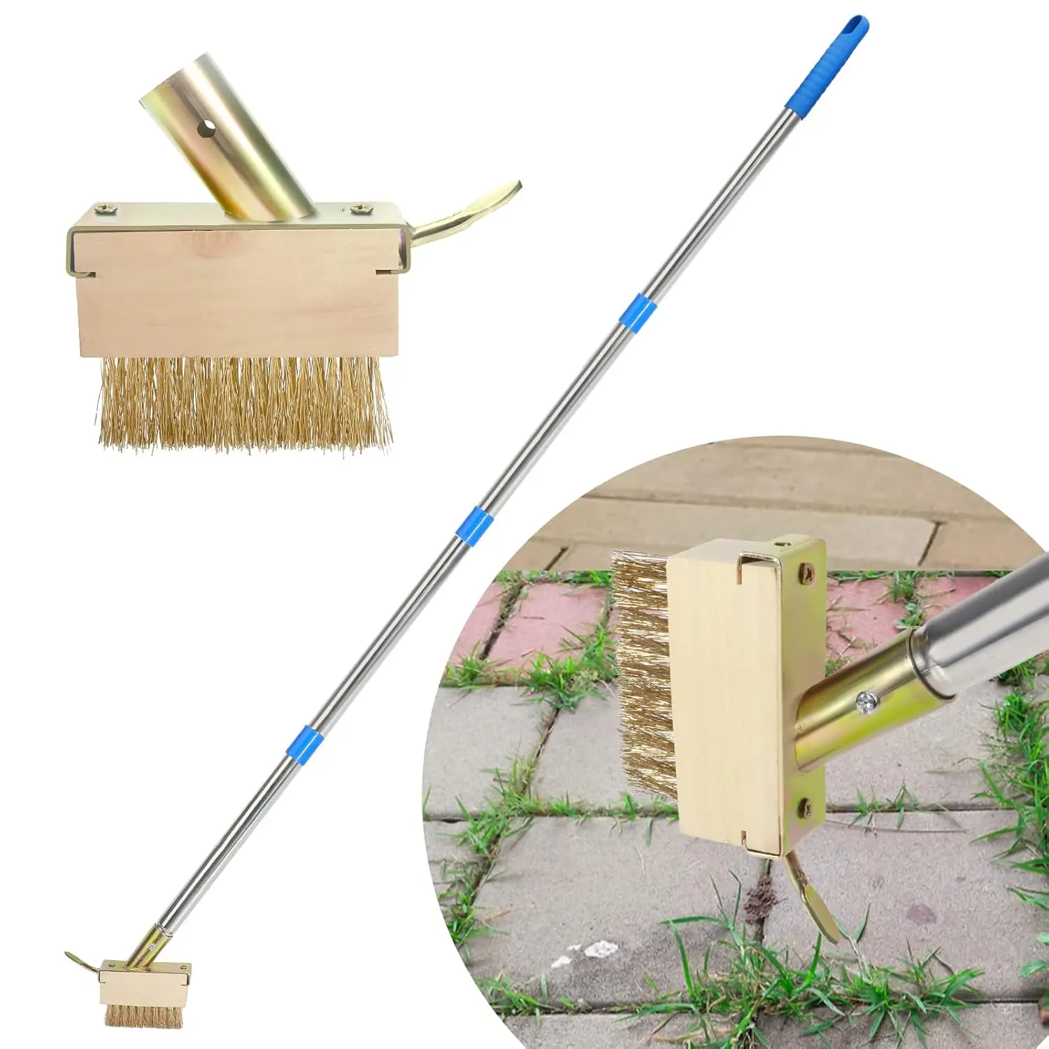 Crack Weeder, Moss Remover Tool, Manual Crevice Weeding Tool, Weed Puller Grout Brush with 66-inch Long Handle for Deck, Paver, Patio, Walkway, Driveway - 2 Weed Brush Heads 07