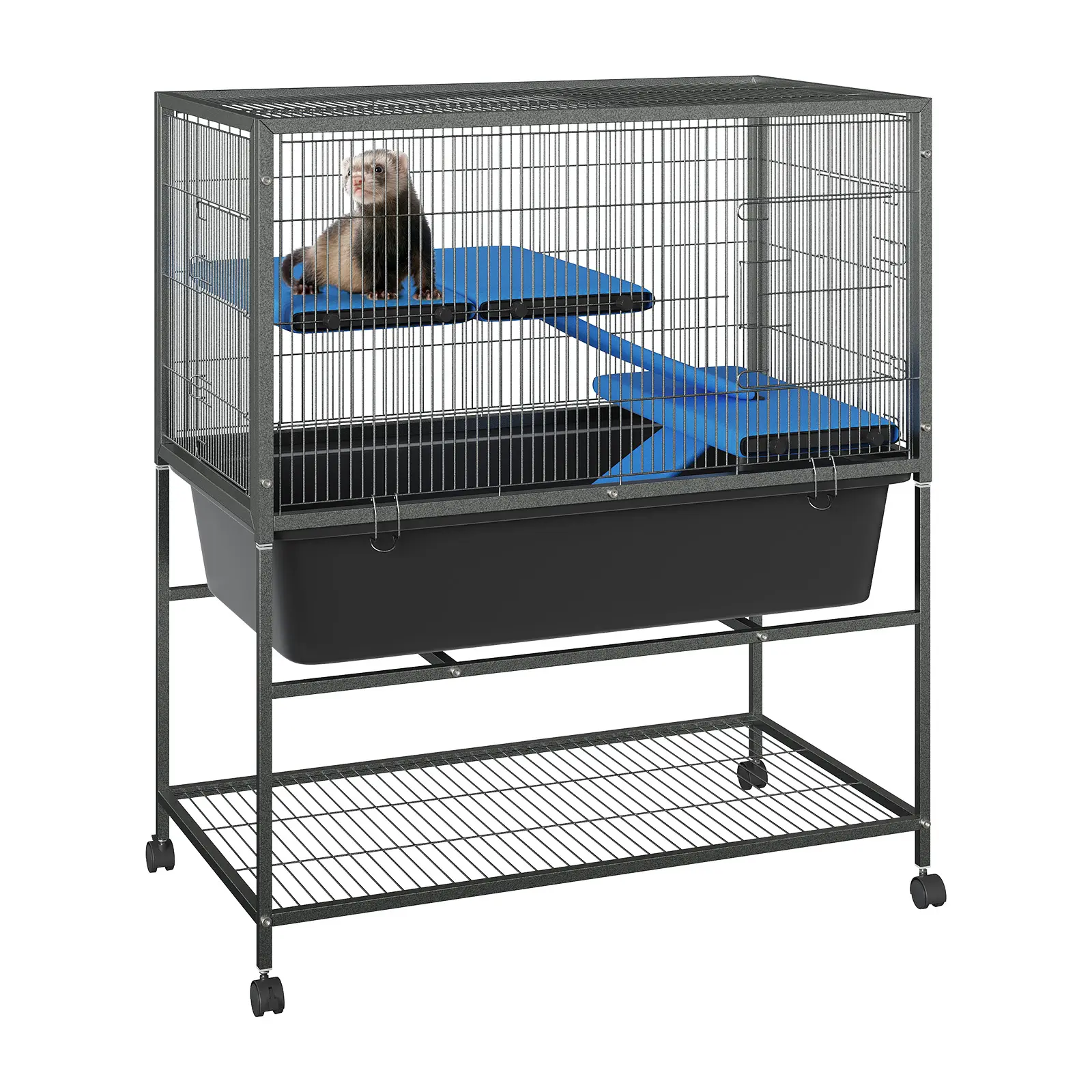 Multi-Level Metal Small Animal Cage – Removable Platforms, Deep Slide-Out Tray, Lockable Wheels & Storage Shelf – Indoor Habitat for Ferrets, Chinchillas, Rabbits, Guinea Pigs, Sugar Gliders, Squirrels