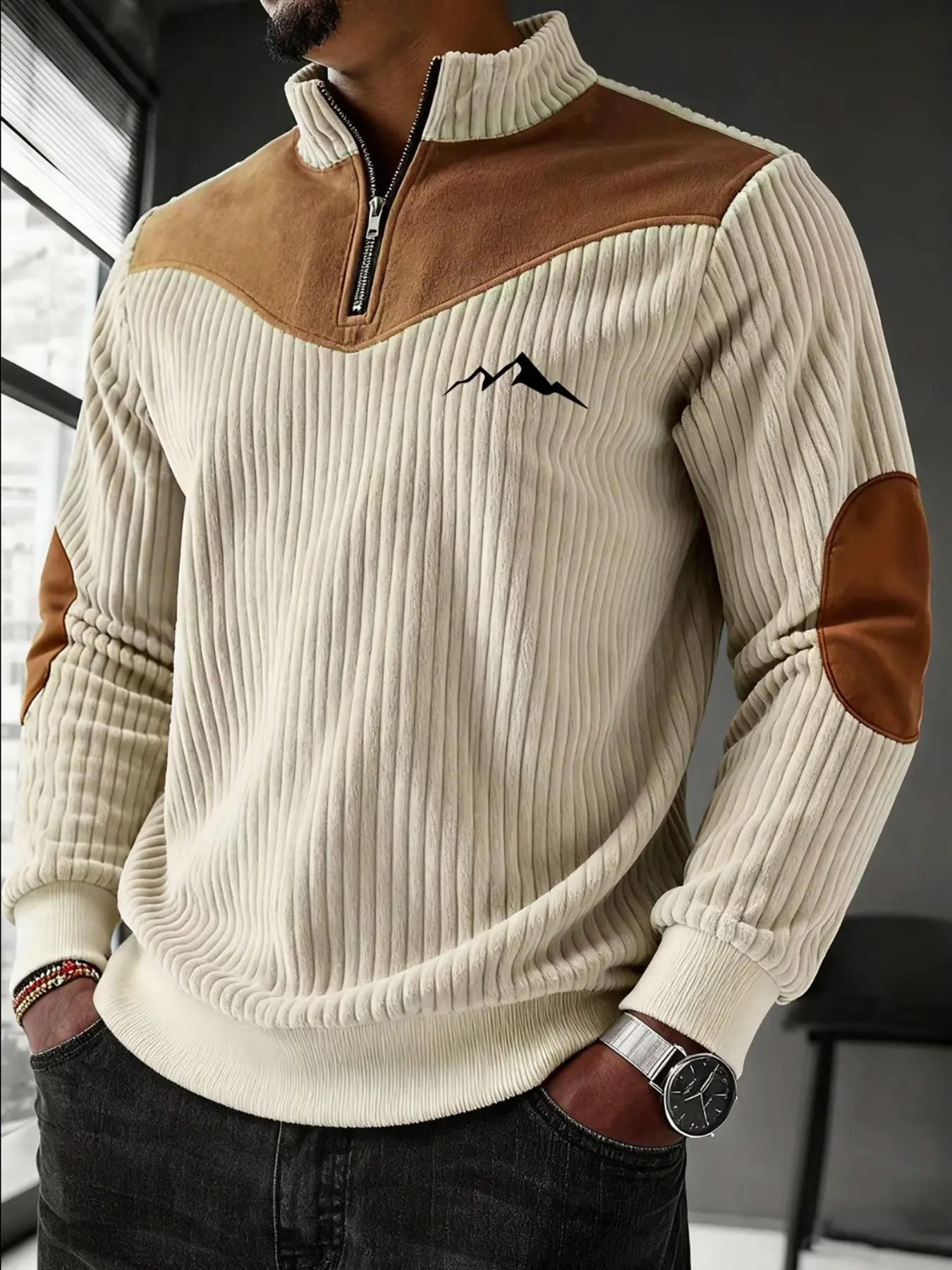 Men's Stand Collar Pullover Top, Autumn Winter Warm Half-Zip, Pattern Print Patchwork Ribbed Retro Streetwear Casual Hoodie Jumper