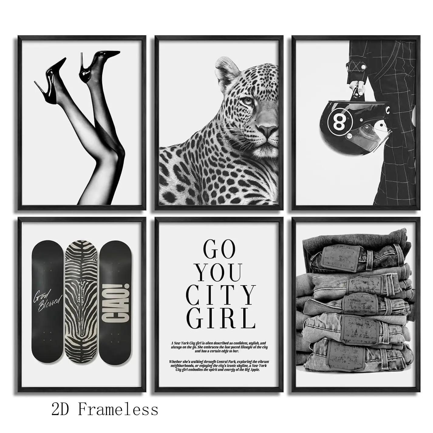 6-piece set  Black and White Leopard Print Fashion Wall Art Set: Trendy skateboarding and racing-themed posters with a preppy aesthetic, perfect for decorating girls' bedrooms and apartments  Frameless