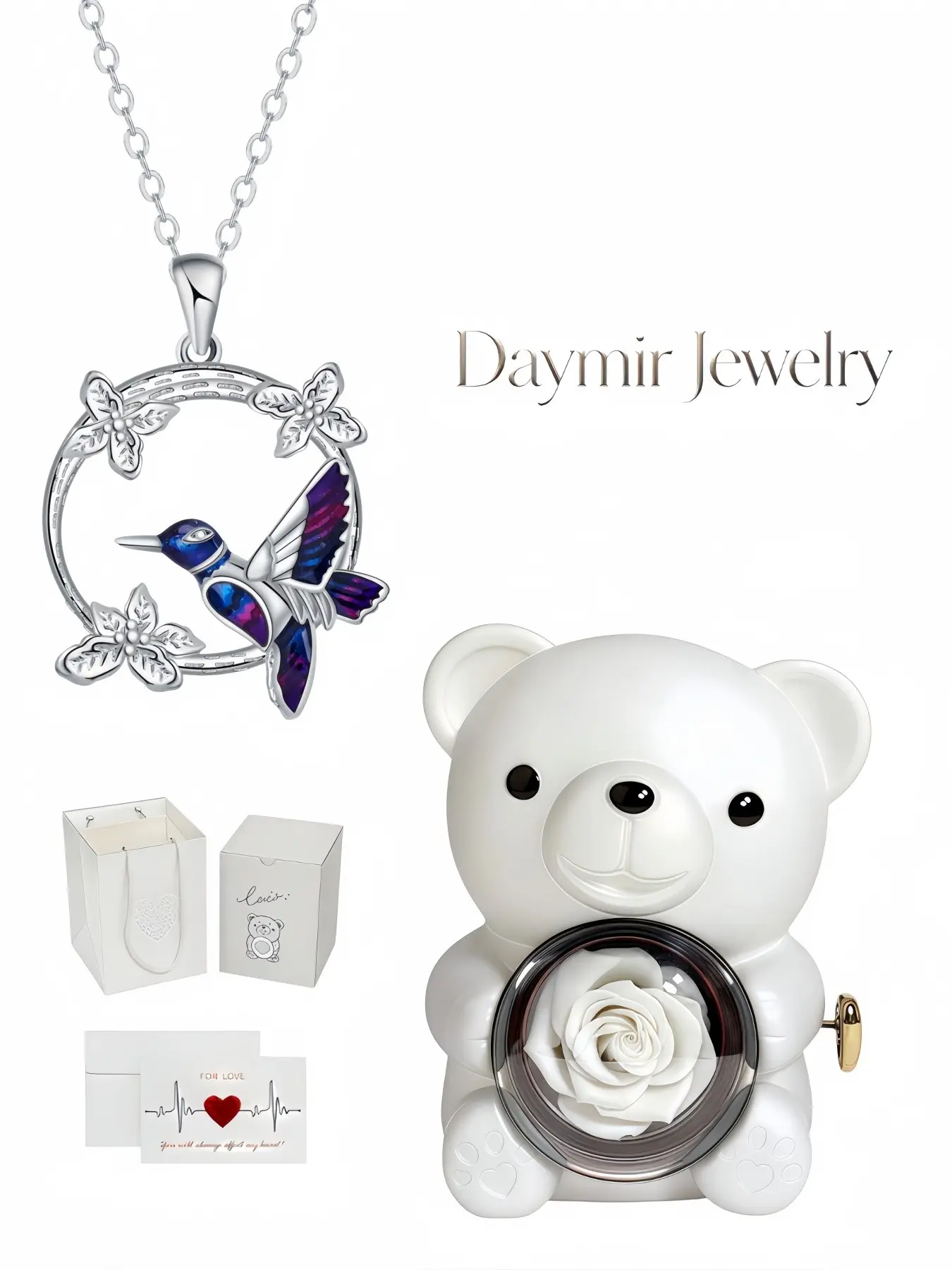 This one‑of‑a‑kind woodsy‑style necklace has a gradient‑enamel hummingbird wreath pendant with fade‑resistant metal. Held inside a cute rotating rose‑bear case, it is a surprise gift for birthdays, Mother’s Day, Valentine’s Day and Christmas.