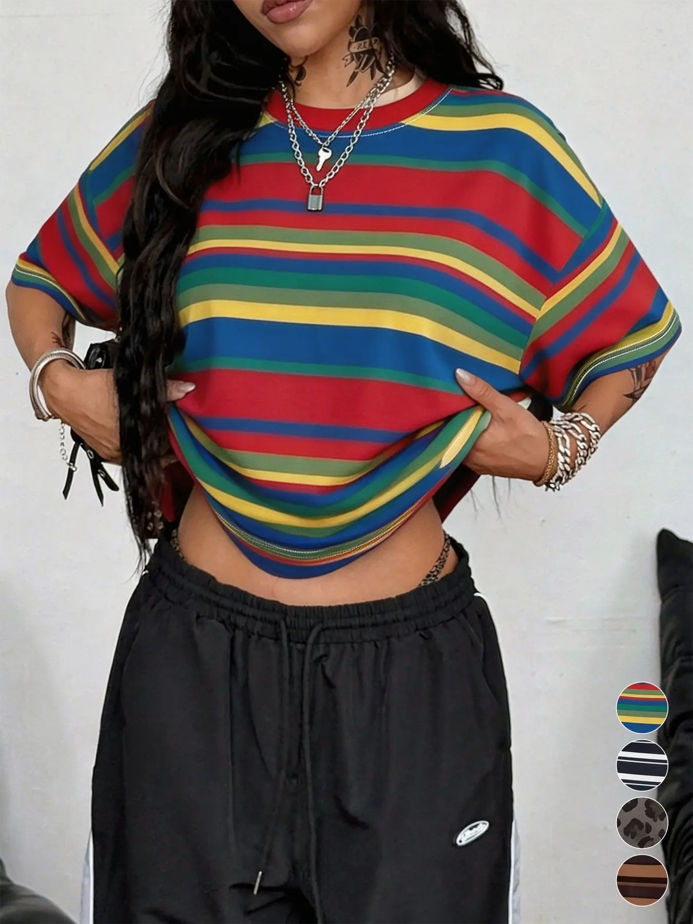 Women's Rainbow Striped Wide Round Neck T-Shirt Top, Breathable Soft Anti-Pilling Knit Fabric, Casual Street Style, Y2K Music Festival Summer Wear