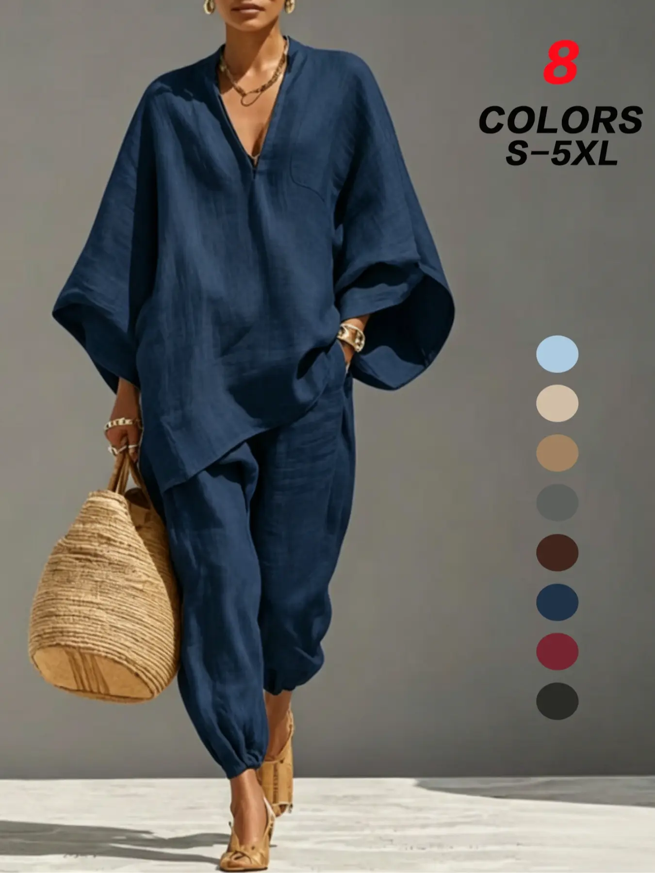 Trendy Women's Casual  Loungewear Set Pockets Batwing Sleeve V Neck Oversized Baggy Cozy Lazy Style Long Pants Outfit for Lounge Vacation Daily Wear
