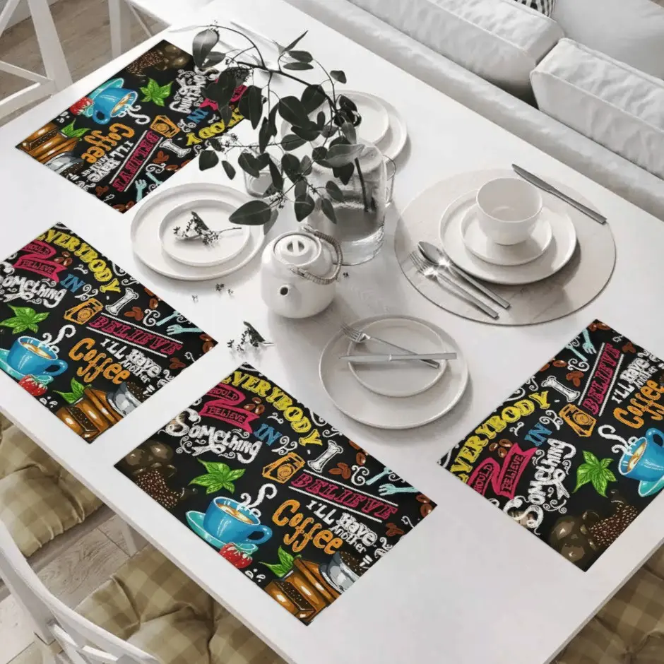 4 Piece Vintage Coffee Pattern Placemats, Scratch Resistant Heat Insulating Mats, Multi-Functional Table Mat Set, Kitchen Decorative Placemat, Household Placemat, Kitchen Dining Decor