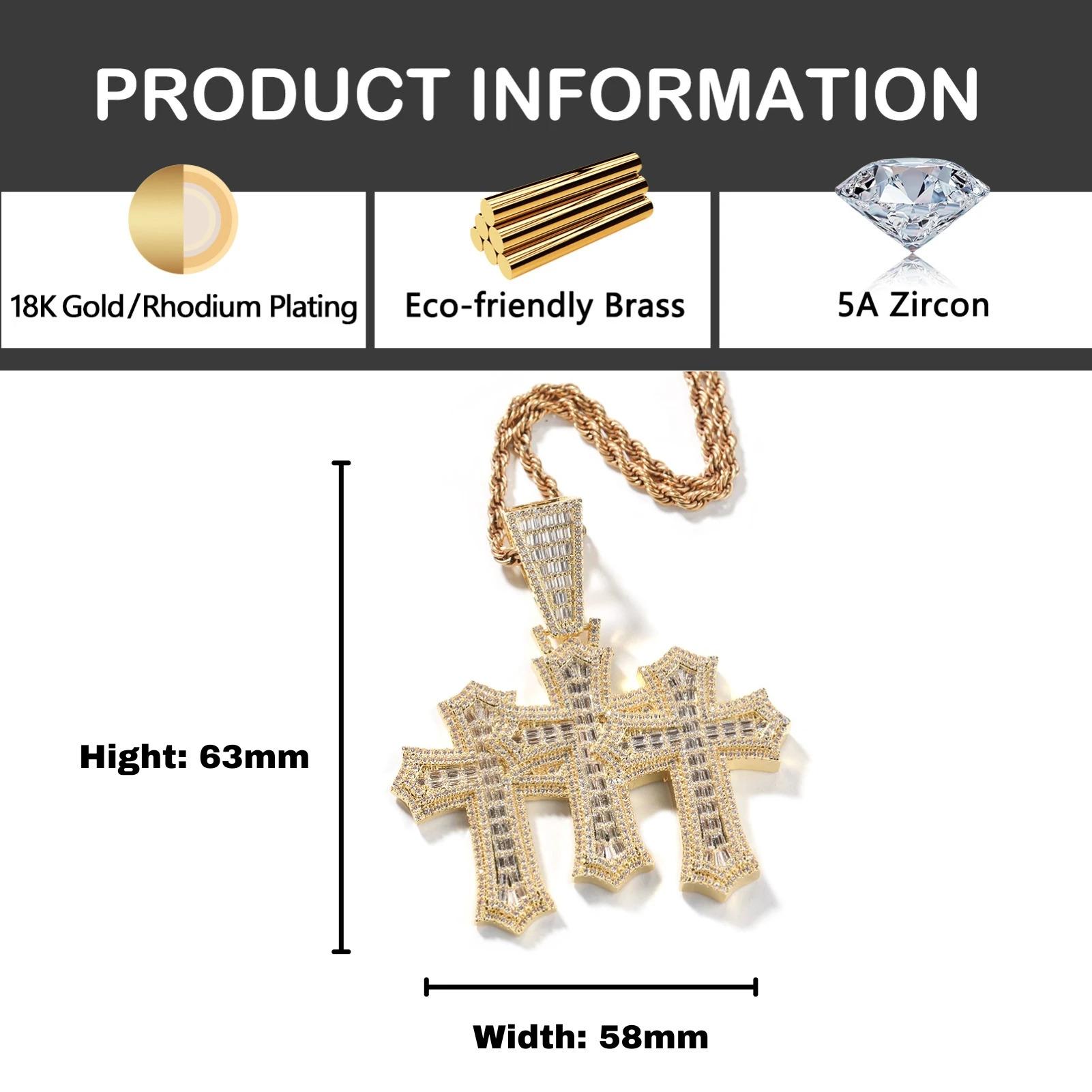 Iced Out New Fashion Baguette Triple Cross Clustered Pendant High Quality Triple Micro Pave Bling CZ Charm Pendant Necklace for Men