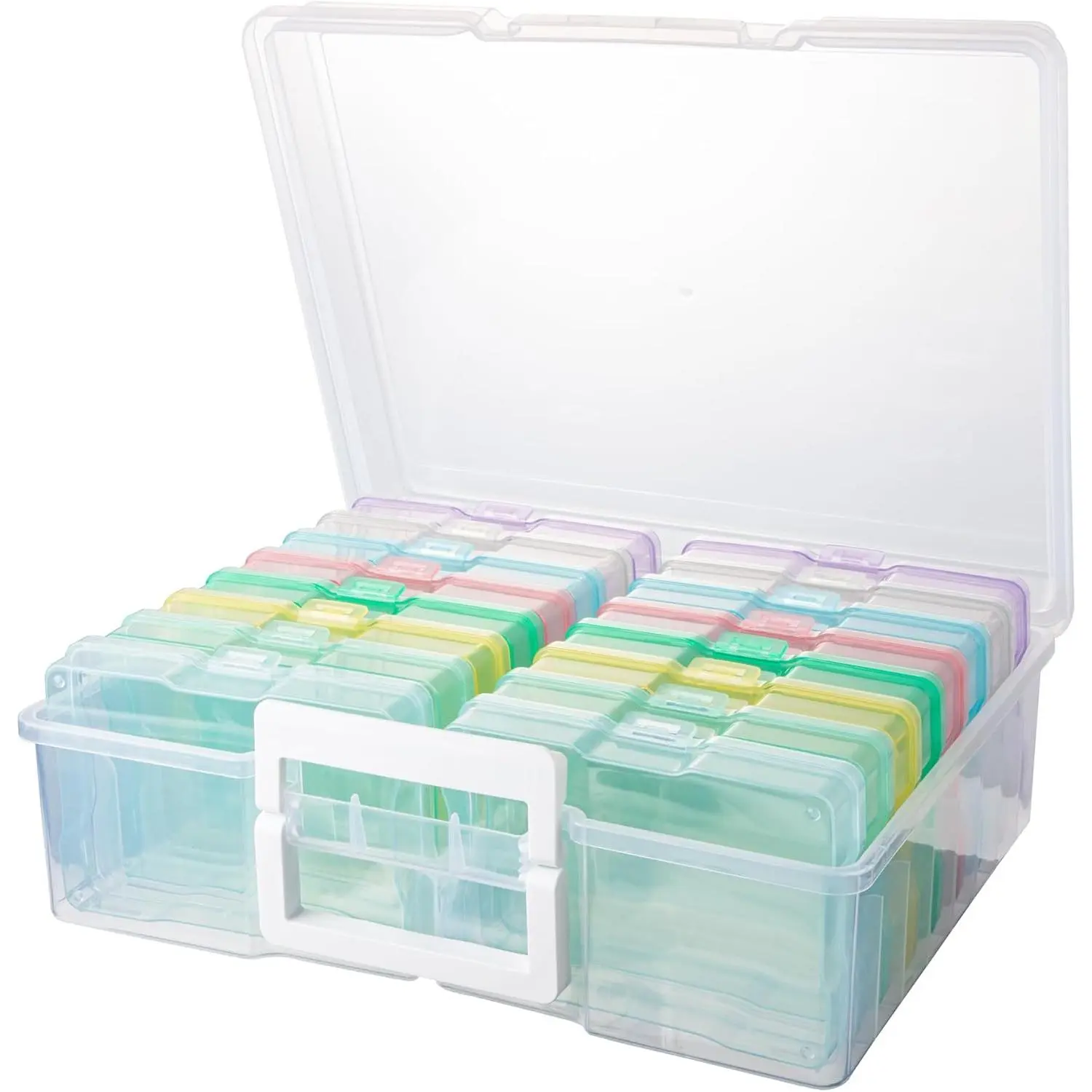 Craft Organizers and Storage, Photo Storage Box with 16 Inner 4"×6" Photo Boxes, Card Organizer & Sticker Organizer, Pastel Translucent Candy-Colored Picture Box with Handle