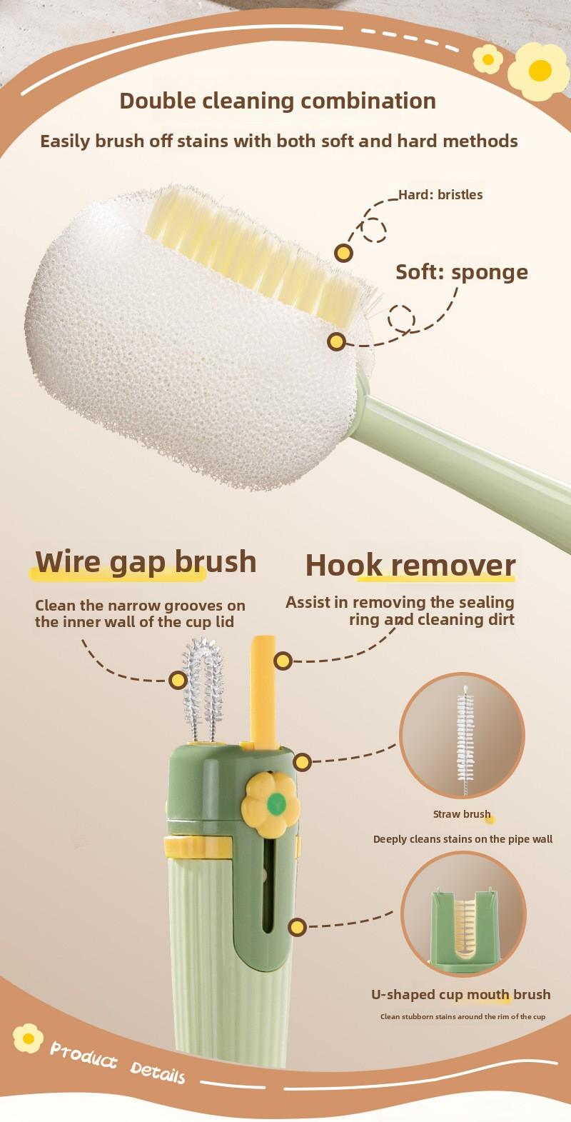 Long-handled multi-functional 5-in-1 cup brush, a handy tool for cleaning water cups, specially designed for cleaning thermos cup lids and baby bottles