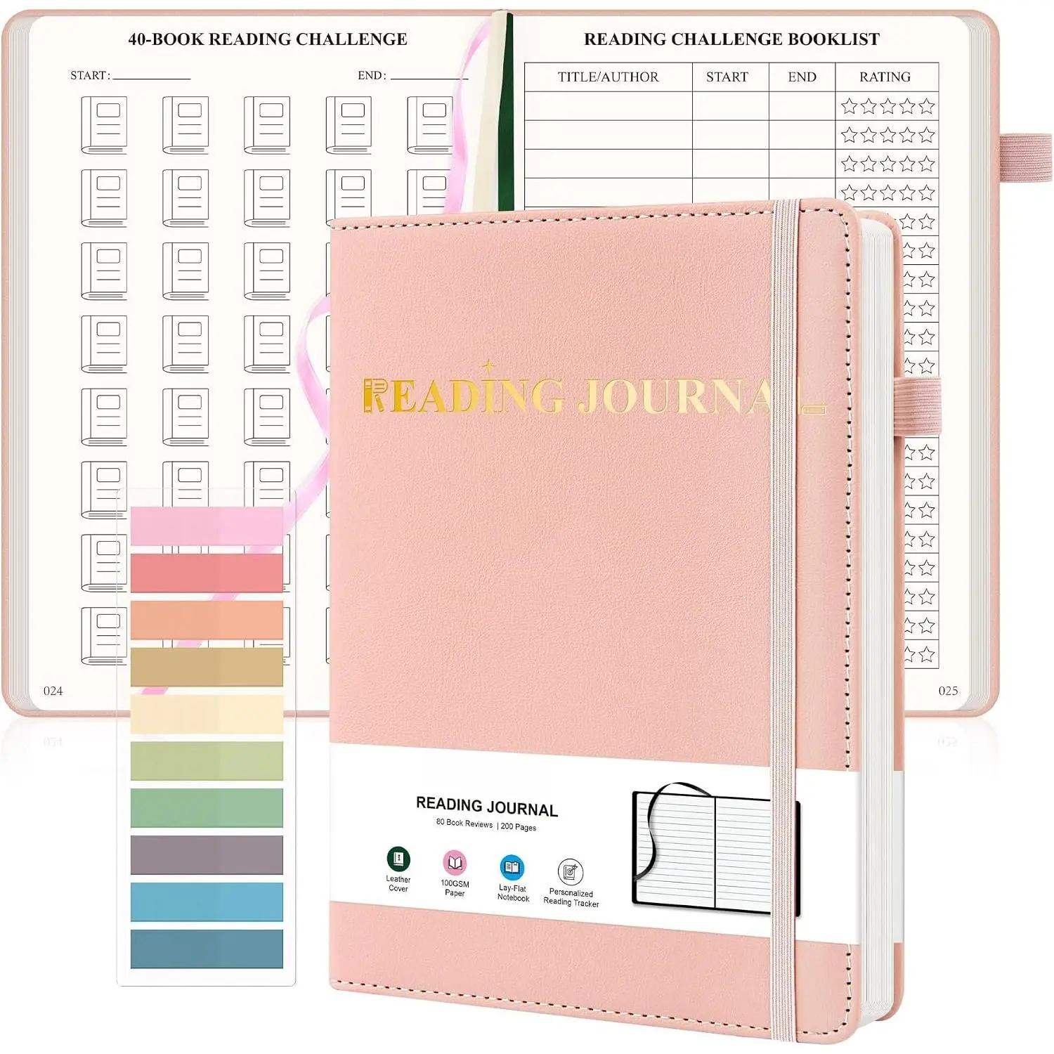 Reading Journal for Book  - PU Leather Book Journal Reading Log with 80 Reviews for Readers, Accessories with Sticky Tabs, Pen Holder, Ribbon Bookmarks, 5.6" x 8.3",