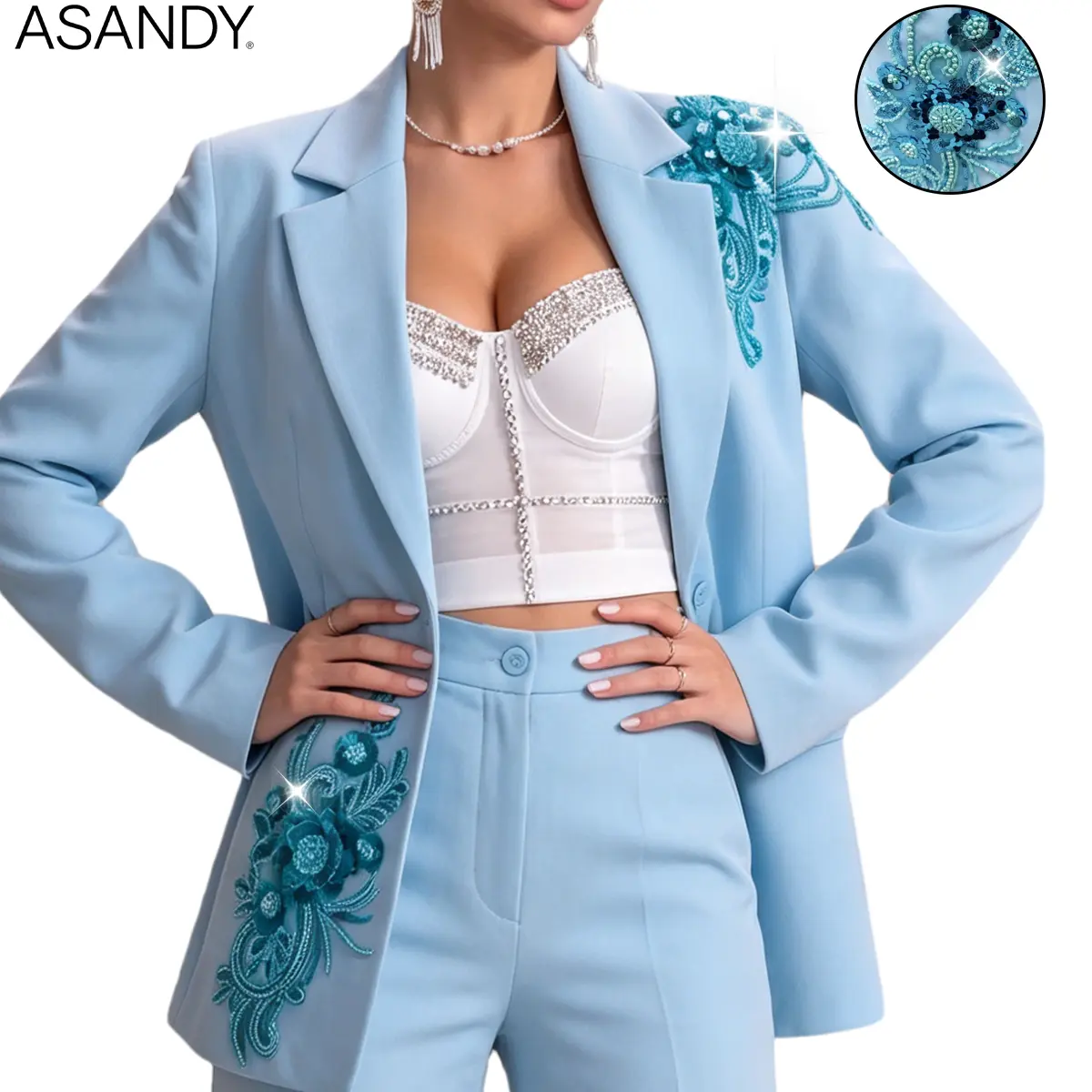 Elegant Beaded Floral Applique Blazer, Light Blue Tailored Lapel Formal Blazer Jacket, Chic Dressy Special Occasion Outerwear