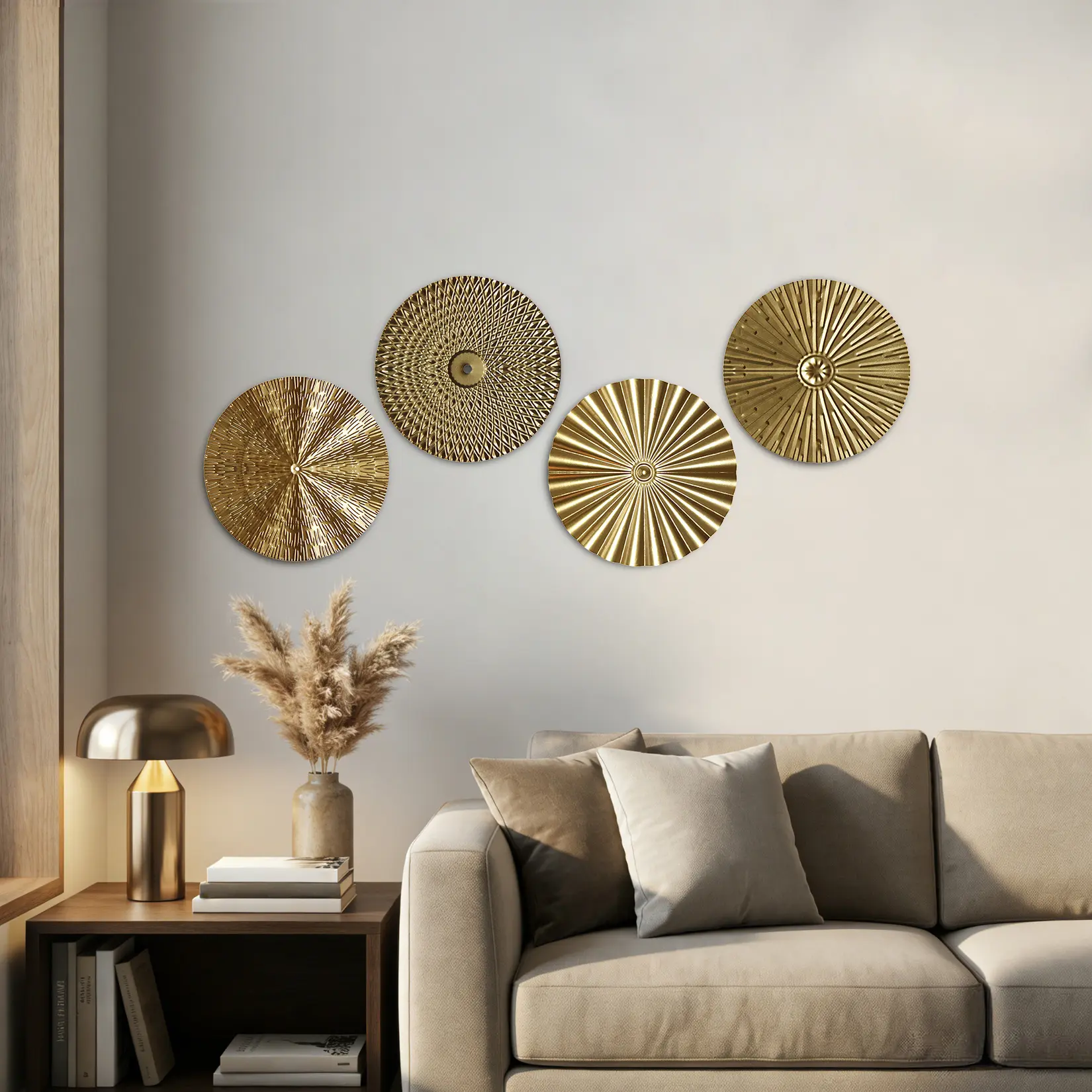 4-Piece Gold Metal Wall Art Decor, Round Textured Disc Hanging Sculptures, Boho Sunburst Wall Decor Set Metal Hanging Decor for Living Room Bedroom Bathroom  ﻿