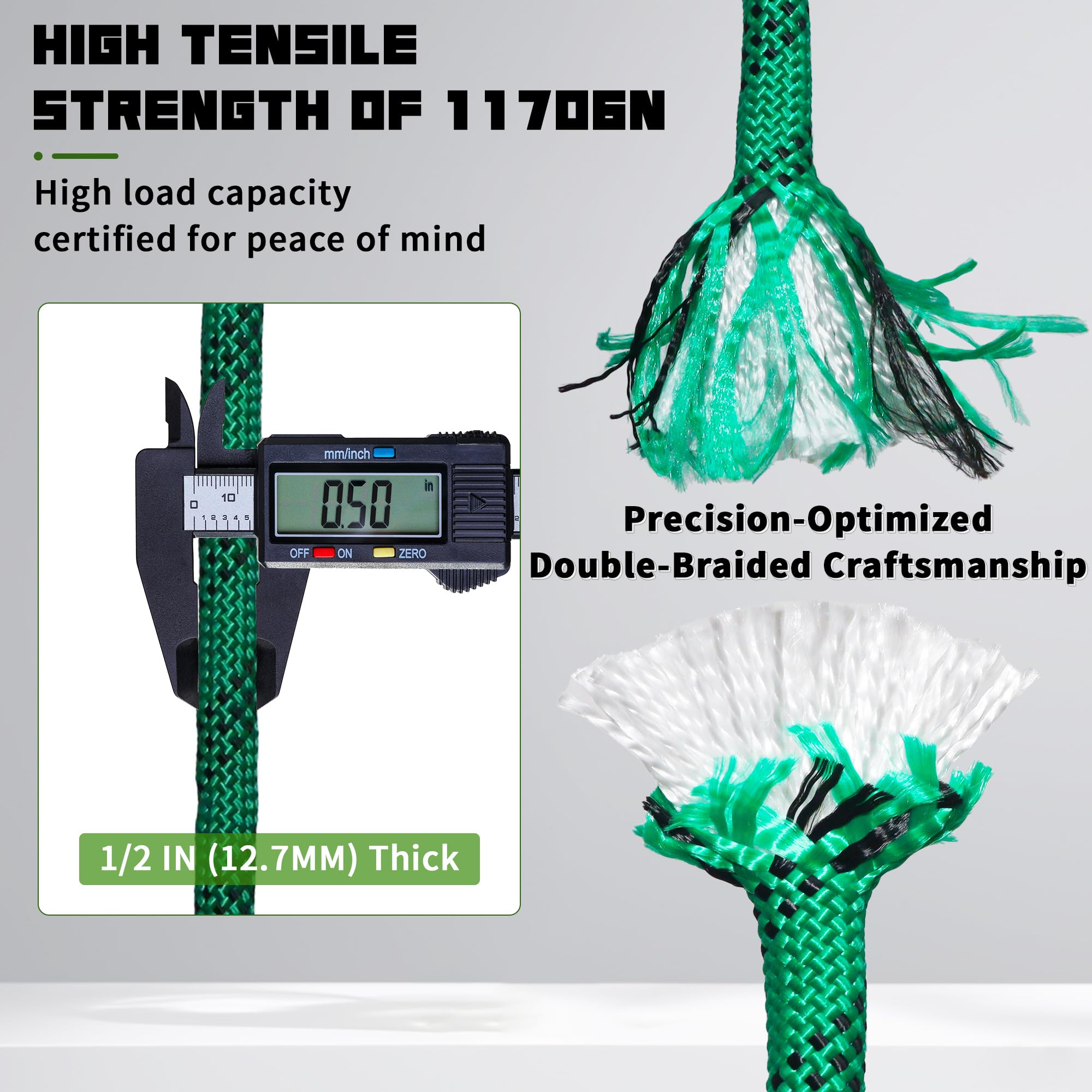 1/2 Inch 100ft/150ft/200ft Double Braided Polyester Arborist Rope, Heavy Duty Nylon Rope for Anchor, Tree Work, Cargo, Pulling, Sailing