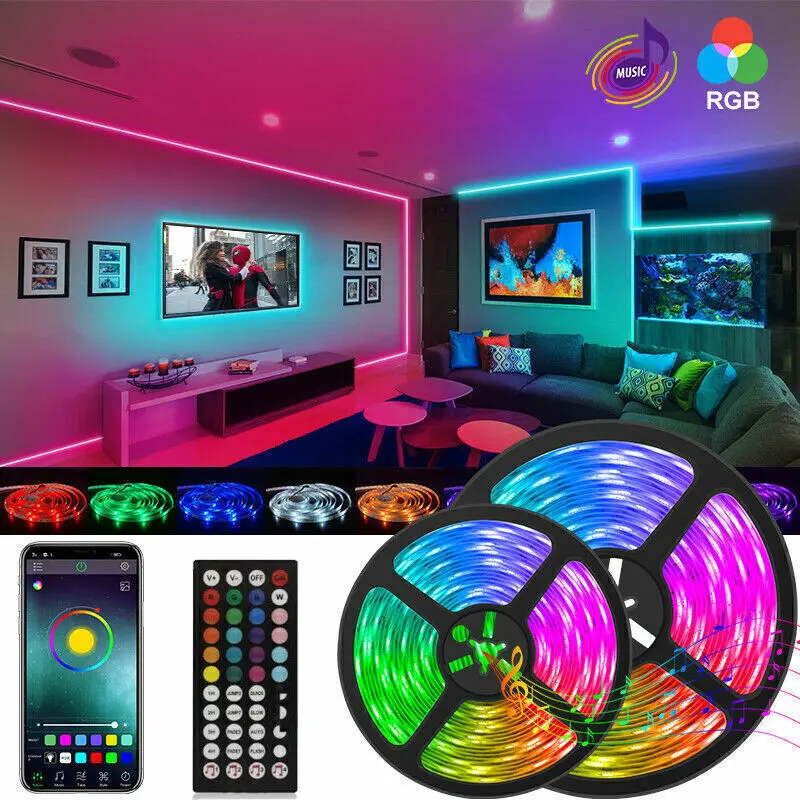 RGB LED Strip Lights with RGB Diodes, 32.8FT/10m SMD 5050 Non-Waterproof Flexible Roll, DC 5V Tape with Bluetooth Smart Phone Control & Power Adapter, Color Changing for Halloween, Interior Lighting