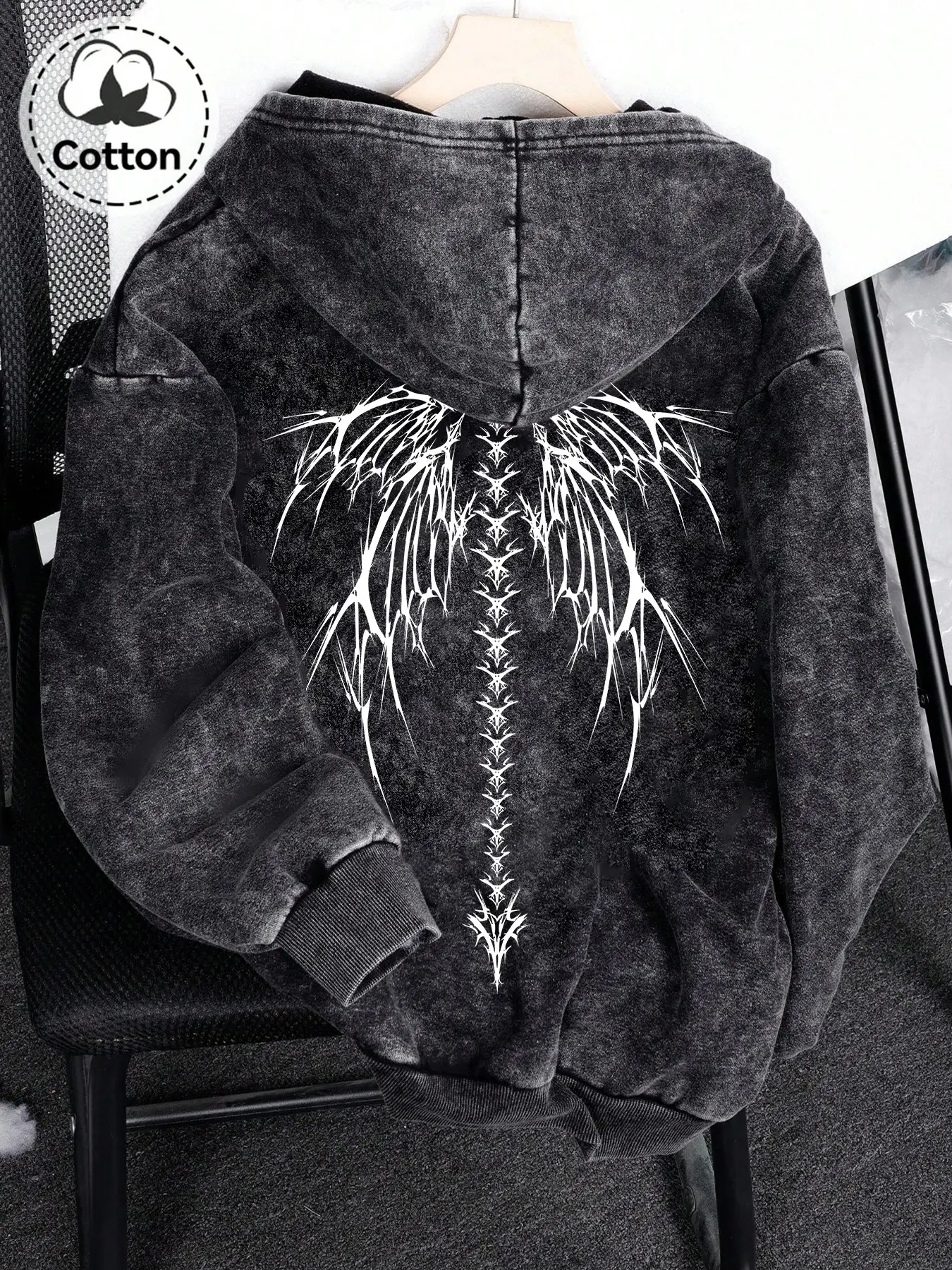 American Vintage Washed Faded Zipper Hoodie for Men, Thorns Devil Wings Print, High Street Loose Open Front Jacket, Casual Pullover, Graphic Hoodies
