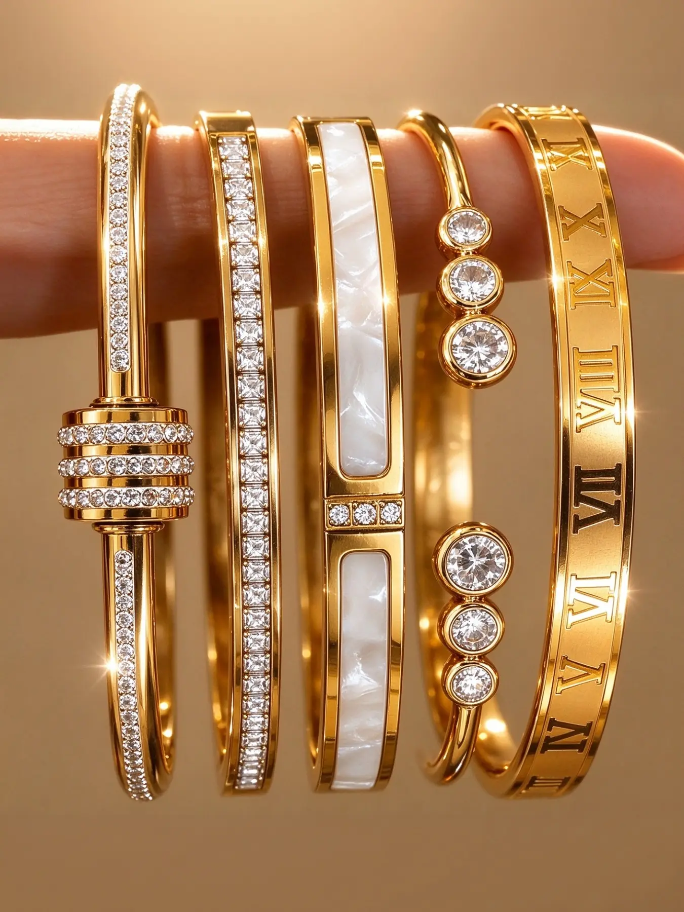 5Pcs Gold Stackable Bangle Set, Roman Numeral & Mother of Pearl CZ Crystal Stainless Steel Bracelets for Women, Non Tarnish Waterproof Stacking Jewelry Gift