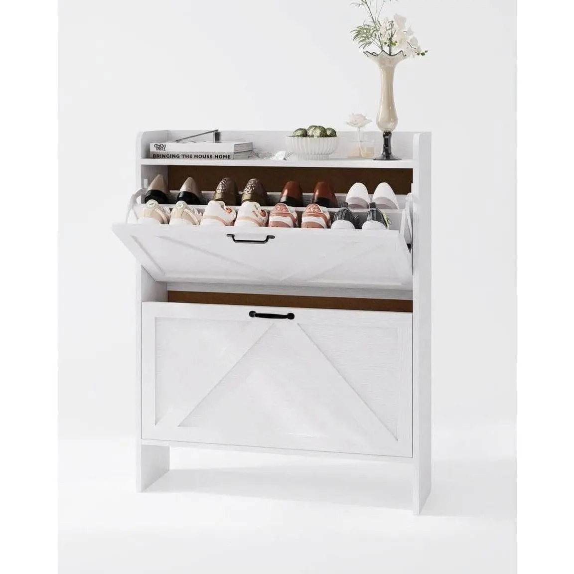 Garvee Narrow Shoe Cabinet with 2 Foldable Drawers, Independent Hidden Organizer for Entryway and Living Room, White Color, Dimensions 80×24×102 cm