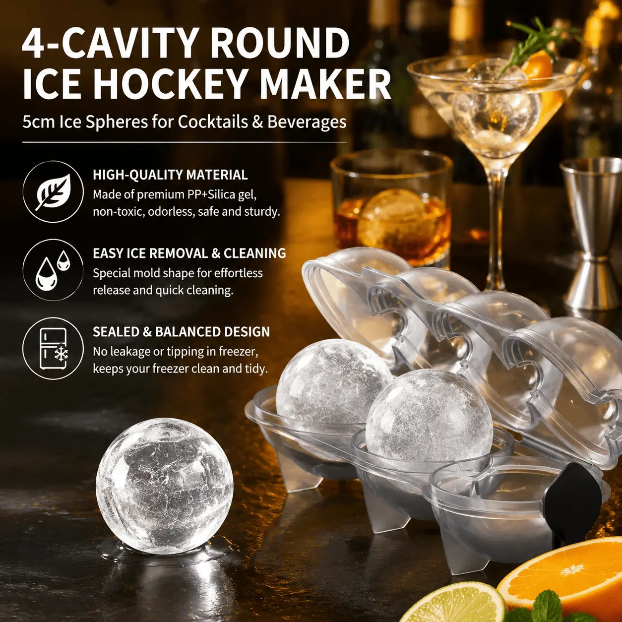 Four-cavity hockey puck ice mold, whiskey cocktail-specific ice maker, quick release, compatible with refrigerator freezer trays, bar and party home-use low-temperature-resistant ice spheres, practical bartending tool, easy-release ice tray