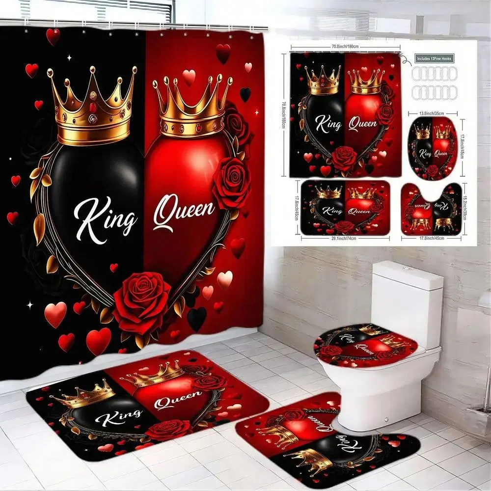This 4-piece Royal King and Queen Bathroom Set – featuring a red and black crown heart shower curtain, matching toilet seat, and 2 floor mats adorned with gold rose star patterns – is the perfect choice for anniversaries, weddings, Valentine's Day, and ro
