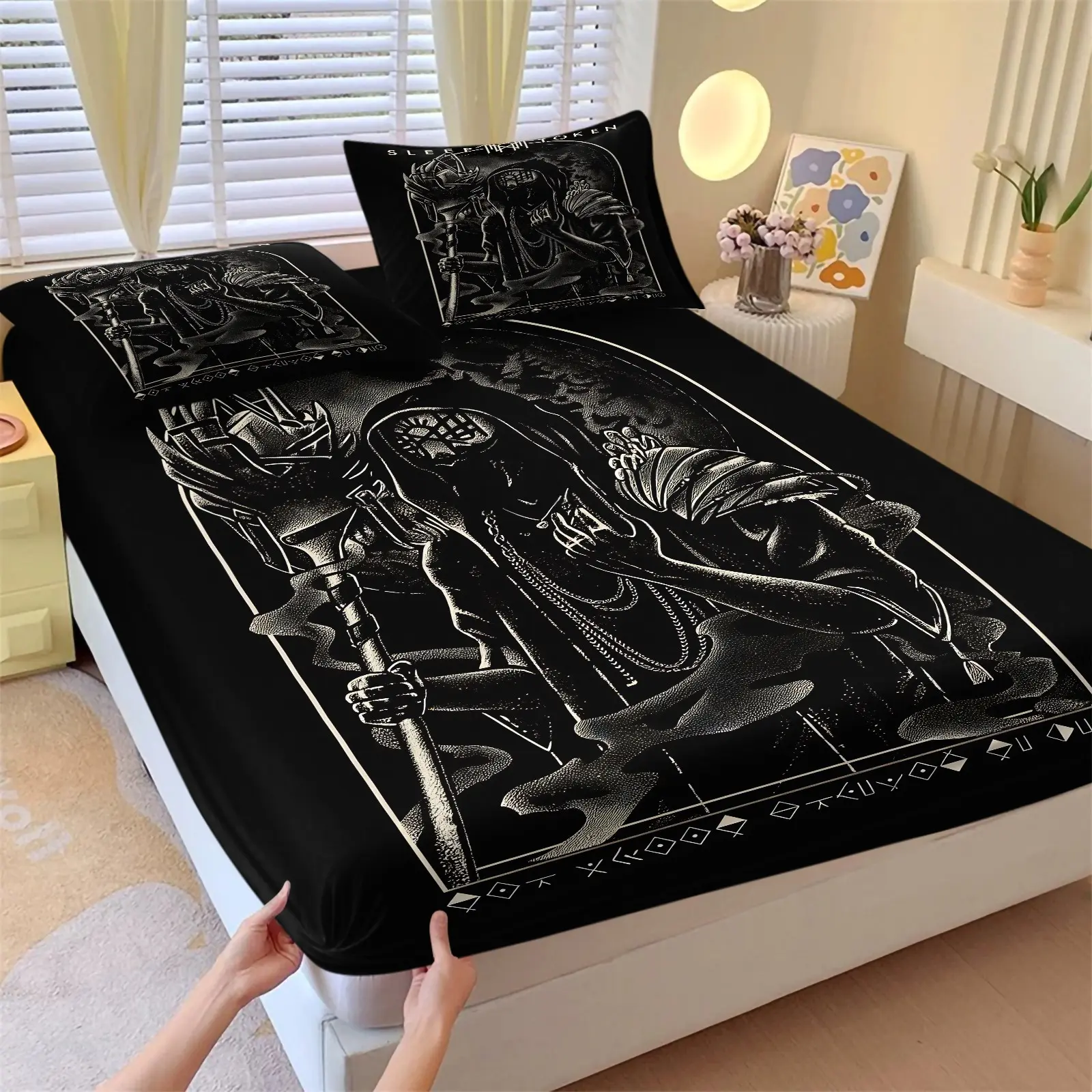 3PCS Black Background Vintage Tarot Grim Reaper Fitted Sheet Set (1 Fitted Sheet + 2 Pillowcases),Soft Wrinkle-Resistant Breathable Fabric,Deep Pocket Full Wrap Anti-Slip Design,Dark Gothic Mystical Decor For Witchy Room & Gothic Themed Apartment