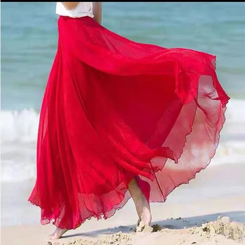 2025 New Fashion Women Chiffon Long Skirts High Waist Floor Length Ruffles White Summer Boho Maxi Skirt Saia Longa Faldas