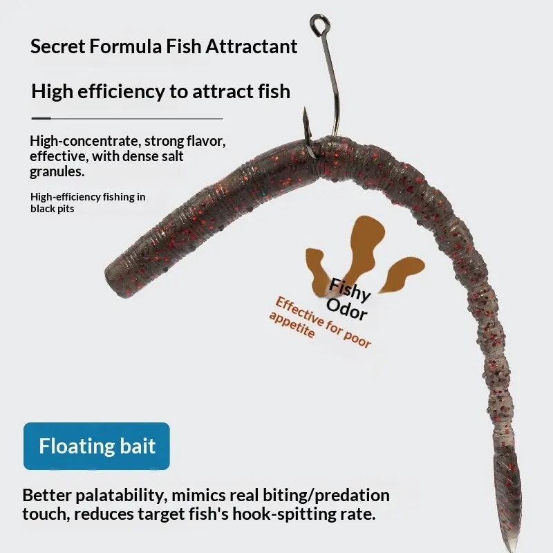 8PCS 12cm Floating Straight Tail Worm Soft Lure, Salt & Scent Infused, Bionic Soft Bait for Bass, Black Pit & Wild Fishing