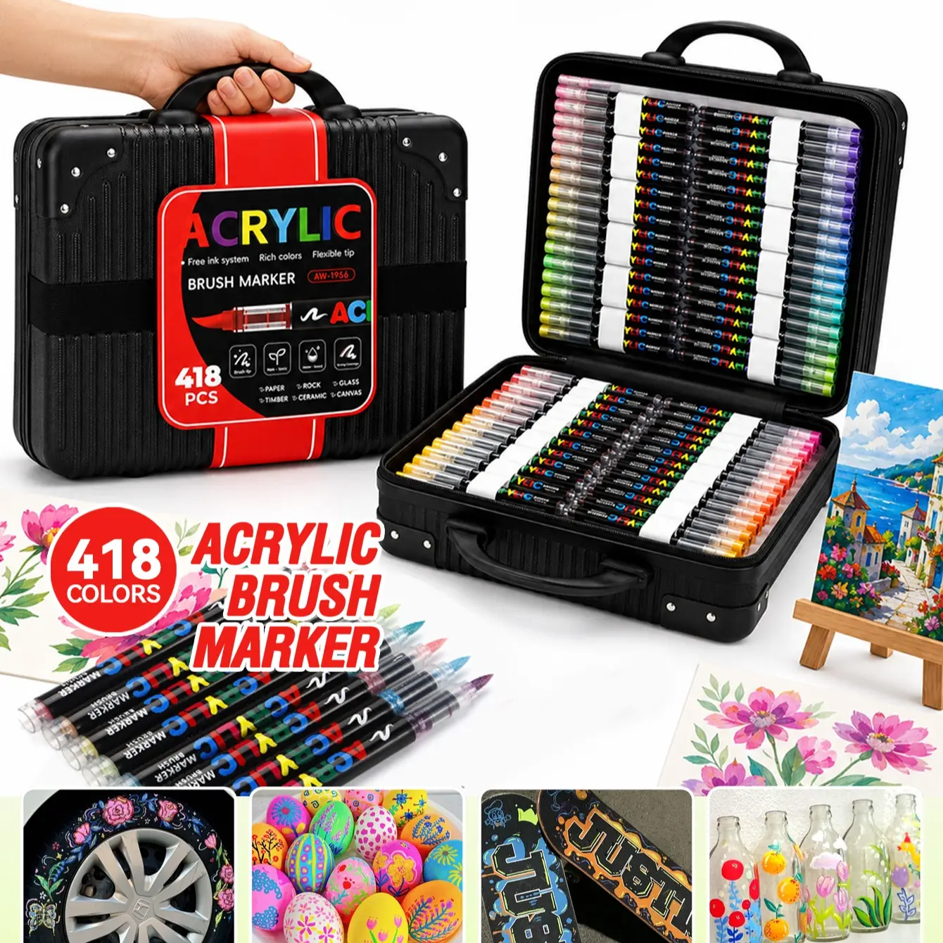 418 Colors Direct Liquid Soft Tip Acrylic Markers, Portable Luggage Set, Ideal for Rock Art, Calligraphy, DIY Crafts, Students, Office Use