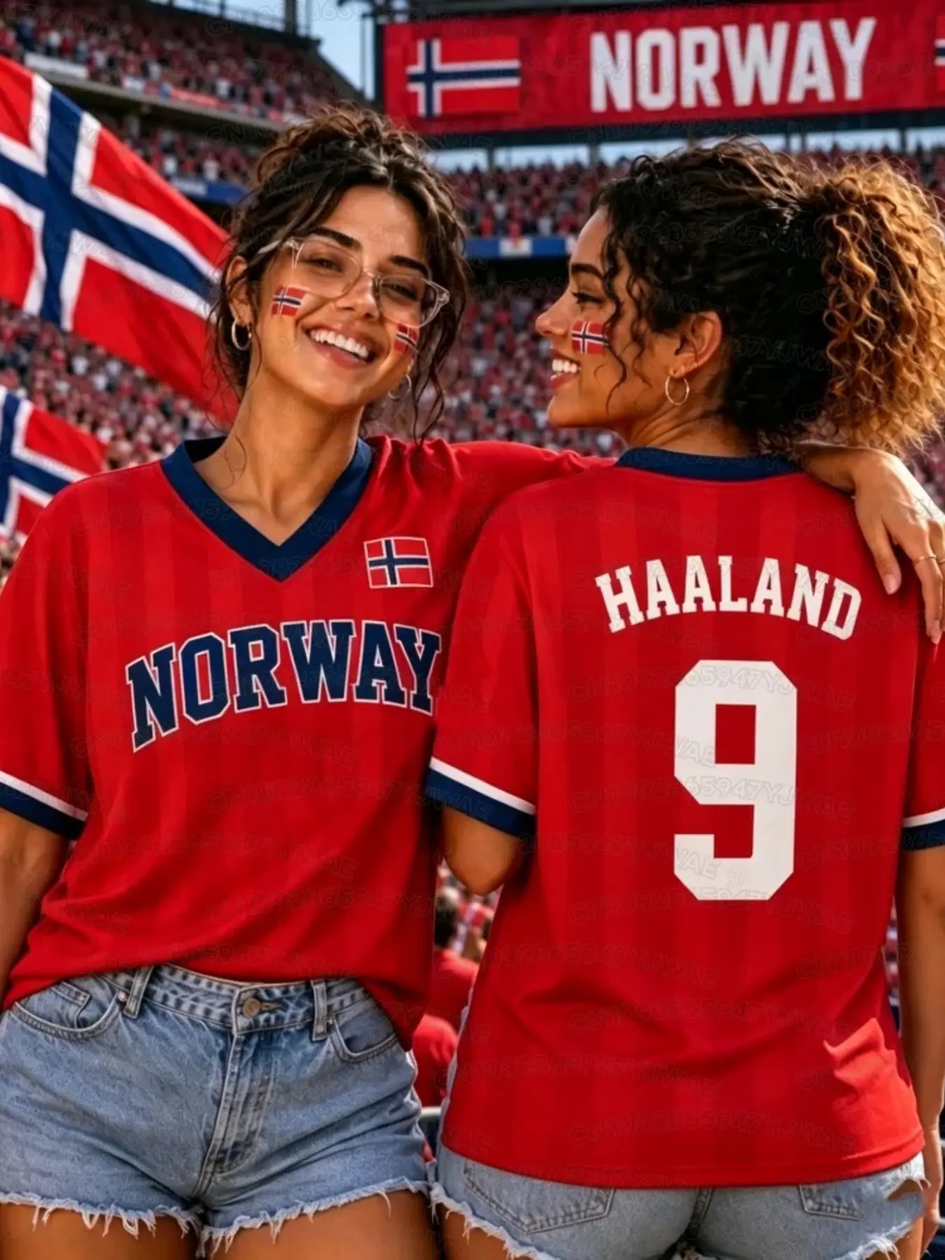 Norway Vertical Stripe V-Neck Women's Fan Short Sleeve Jersey, Quick-Dry Loose Fit T-Shirt, Football Event Support Top, Athletic Tops