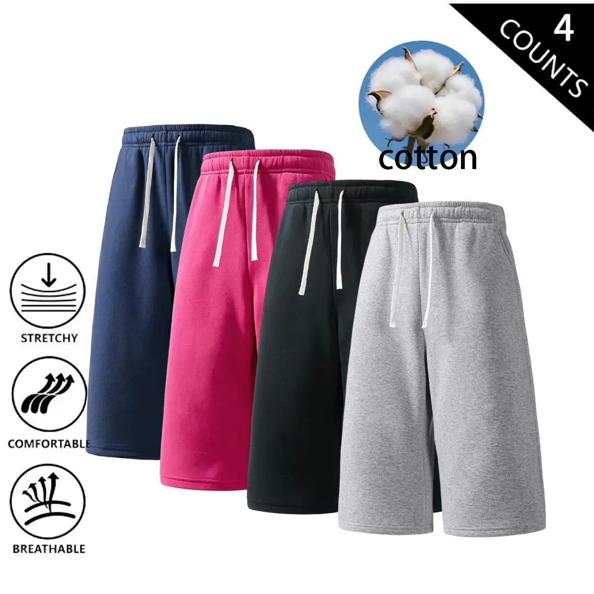 Loose wide-cut cotton athletic knee shorts featuring stretch elastic waist and matching drawcord thick skin-friendly cotton textile roomy casual fit multi-scene functional piece for training daily sporty mensfashion outfits
