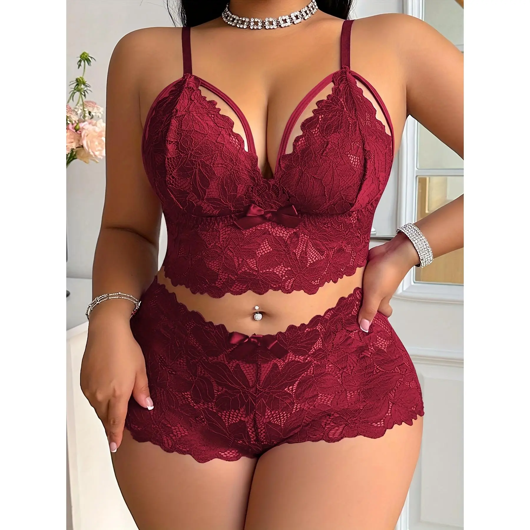1 Set Plus Size Women'S Fashion Lace Patchwork Cross Straps Bow Decor Floral Print Sheer Comfortable Breathable Lingerie Bra And Panty Set