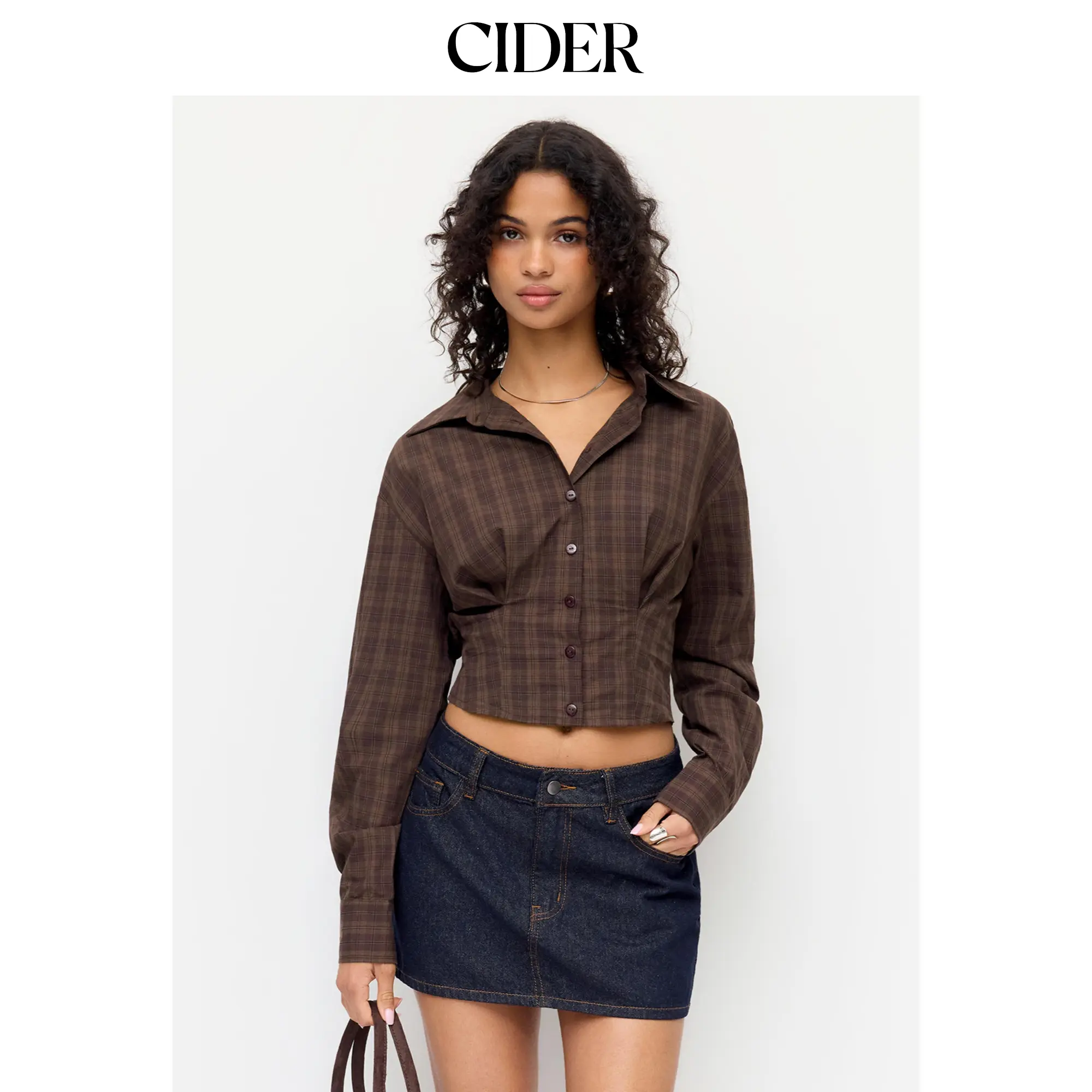 Cider Plaid Collar Ruched Button Blouse
