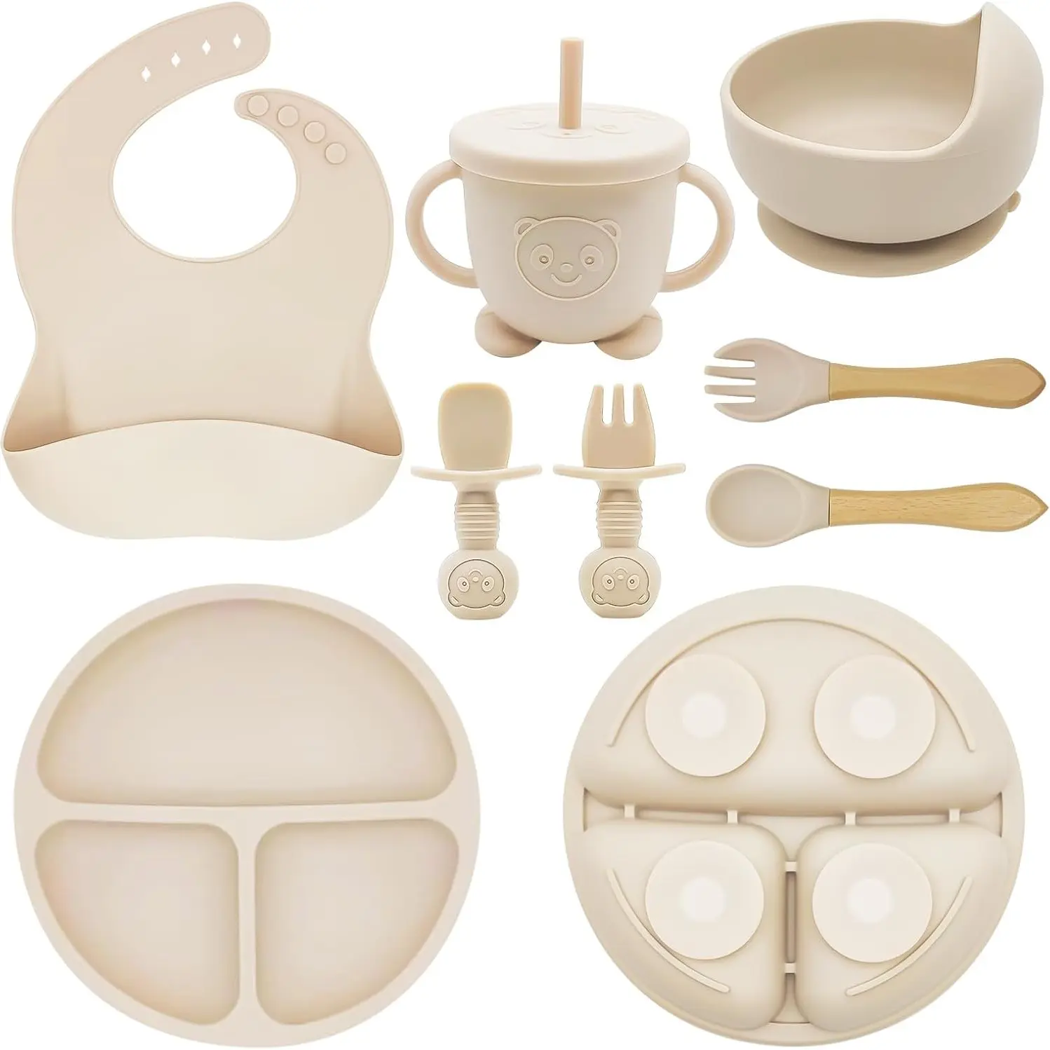 8pcs Silicone Baby Tableware Set, Silicone Bib, Suction Plate, Suction Bowl, Wooden Handle Spoon Fork, Food Grade, Soft and Safe