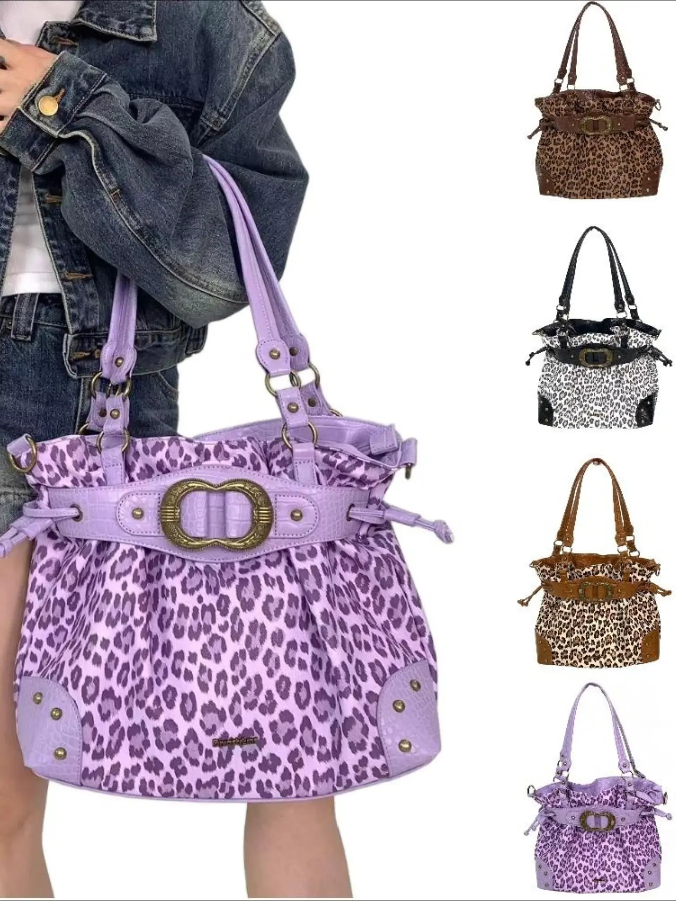 Women's leopard print shoulder bag, women's fashionable retro Y2K spicy handbag, large capacity, drawstring design, punk diagonal cross bag, washed and worn vegan leather bag, suitable for vacation, shopping, work, holiday gifts, Fashionable Unique Bags