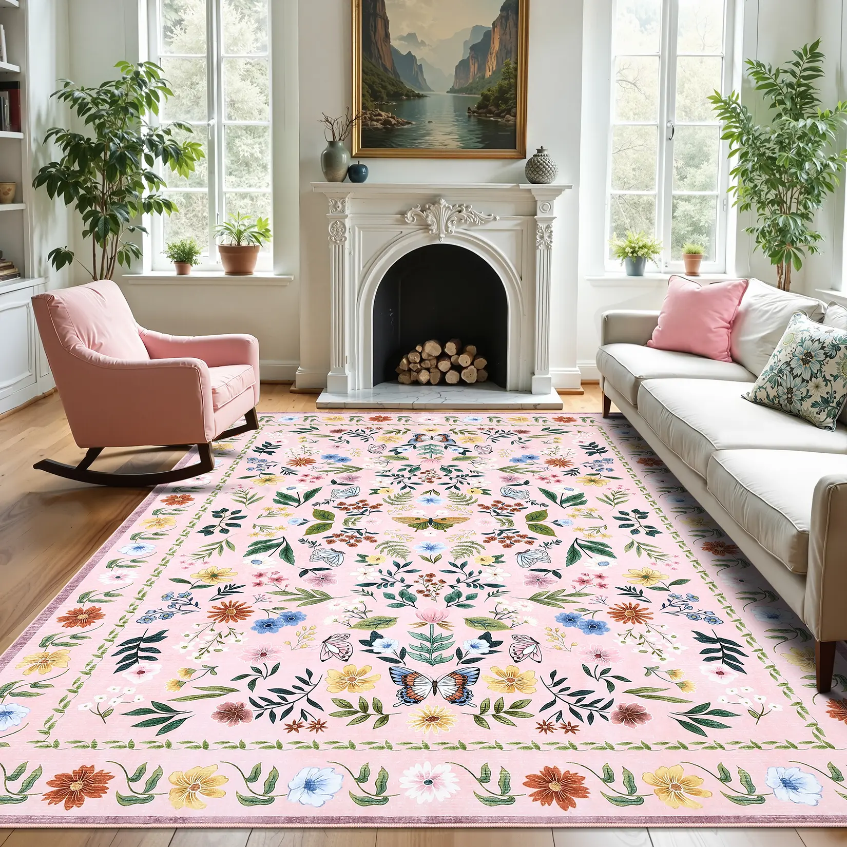 Washable Floral Butterfly Area Rug – Non-Slip, Low Pile, Mark Resistant, Collapsible, Soft Botanical Accent Carpet for Living Room, Bedroom, Nursery, Dining Room, Office