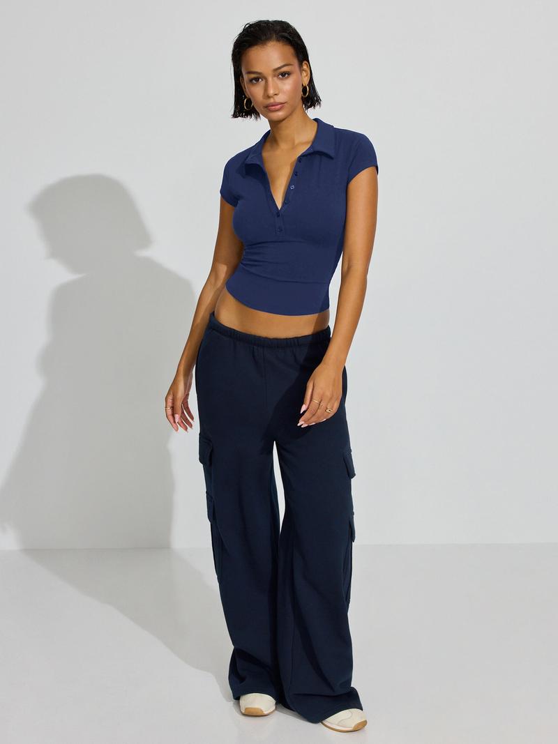 Summer Polo Collar Button Short Sleeve Slim Fit Sports Waist-Cinching Solid Color Versatile Top Short Sleeve